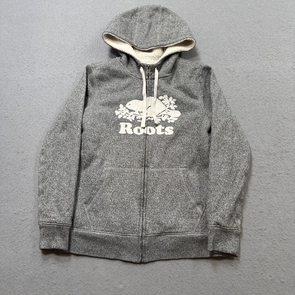 Roots Hoodie Women's Small Gray Salt and Pepper Sherpa Lined Zip Up Loungewear